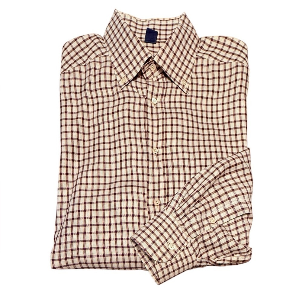 Jeff Rose 100% Cotton Golf Button Down Shirt Cream/Brown Check Plaid Large